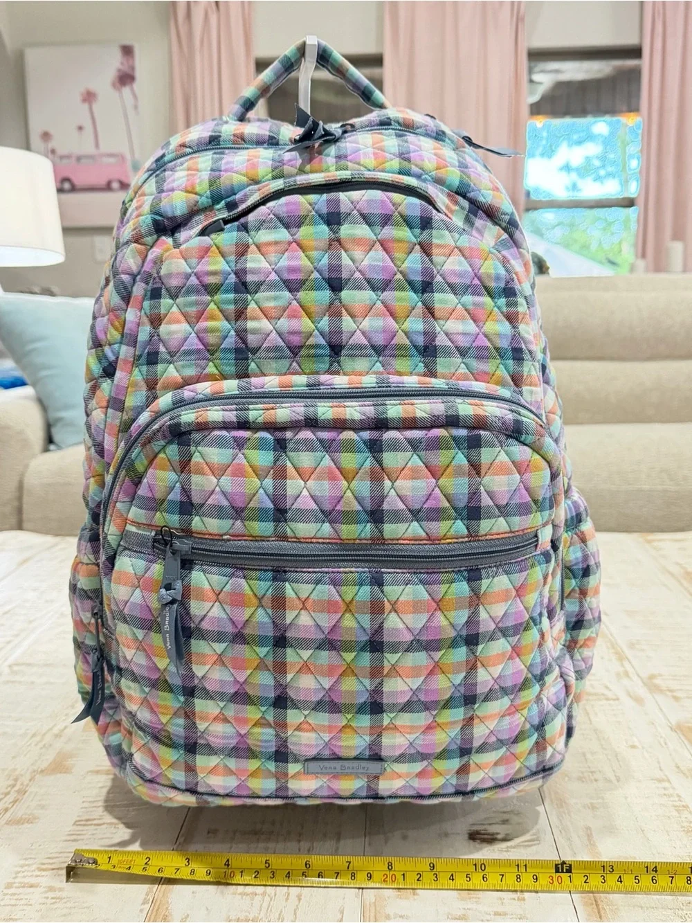 Vera Bradley Essential Large Backpack in Gingham Plaid Pastel Geometric Retired